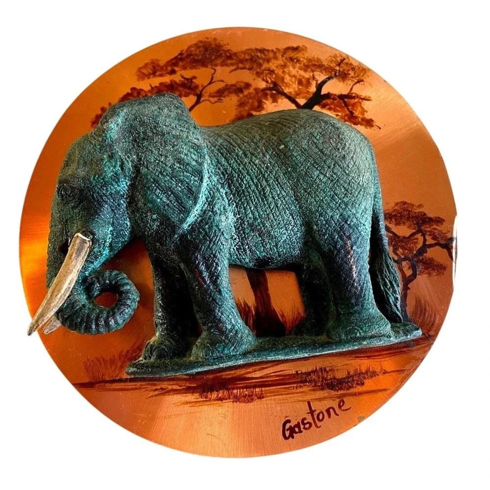 Gaston Signed Embossed Elephant 3D‎ Copper Art Plaque Wall Decor Vintage 6.5in
